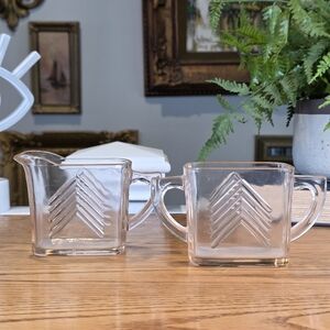 Vintage Art Deco Pink Glass Sugar & Creamer Set | Retro Chevron Pattern Mexico